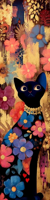 Cat bookmarks featuring gold vertical smears with a black cat